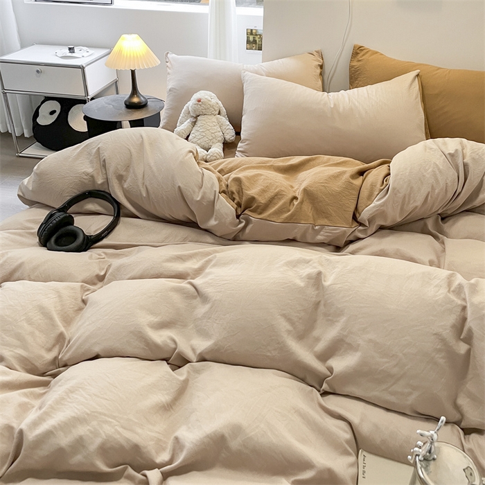 91家纺网 家纺一手货源 找家纺 贝拉梦家纺 2024新春夏款母婴级糯糯的双拼亲肤水洗棉四件套 午后奶茶