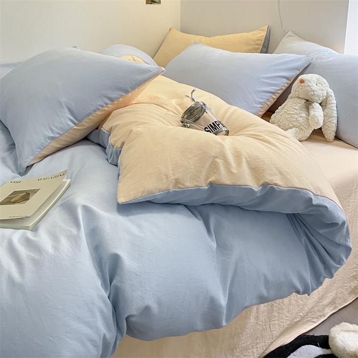 91家纺网 家纺一手货源 找家纺 贝拉梦家纺 2024新春夏款母婴级糯糯的双拼亲肤水洗棉四件套 乳酪奶橘