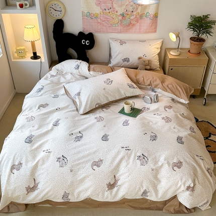 91家纺网 家纺一手货源 找家纺 昔可家纺 2024开春新款全棉印花四件套 点点小猫咪