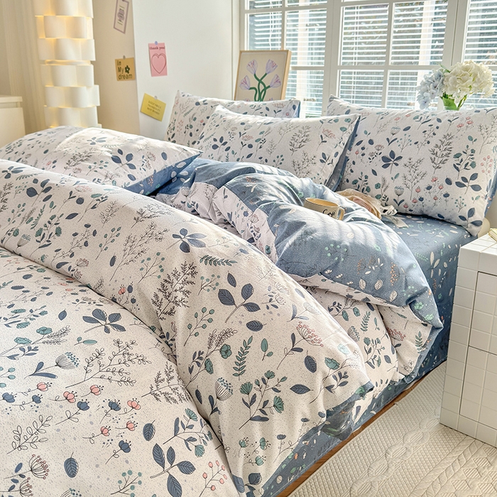 91家纺网 家纺一手货源 找家纺 沐棉家居 2024新款小清新全棉13372印花四件套 叶落知秋