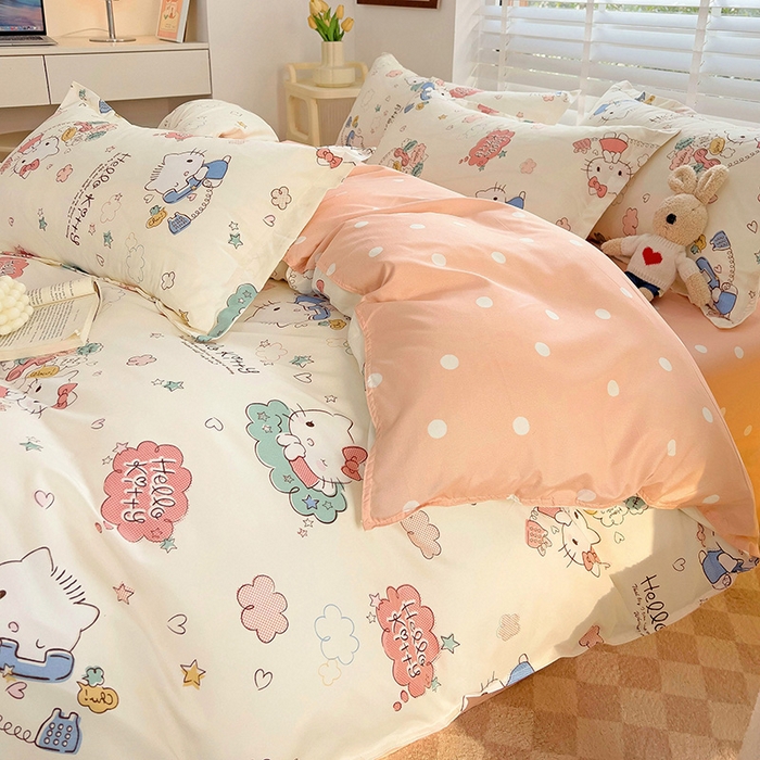 91家纺网 家纺一手货源 找家纺 楠沐家纺 2025新款亲肤柔软水洗棉磨毛印花四件套 KT粉蓝喵喵