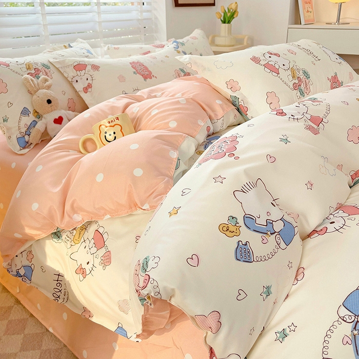 91家纺网 家纺一手货源 找家纺 楠沐家纺 2025新款亲肤柔软水洗棉磨毛印花四件套 KT粉蓝喵喵