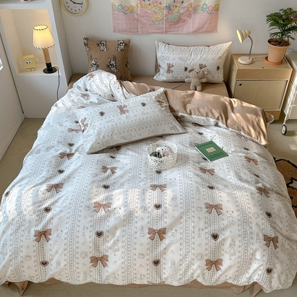 昔可家纺 2024开春新款全棉印花四件套 复古咖蝴蝶结熊
