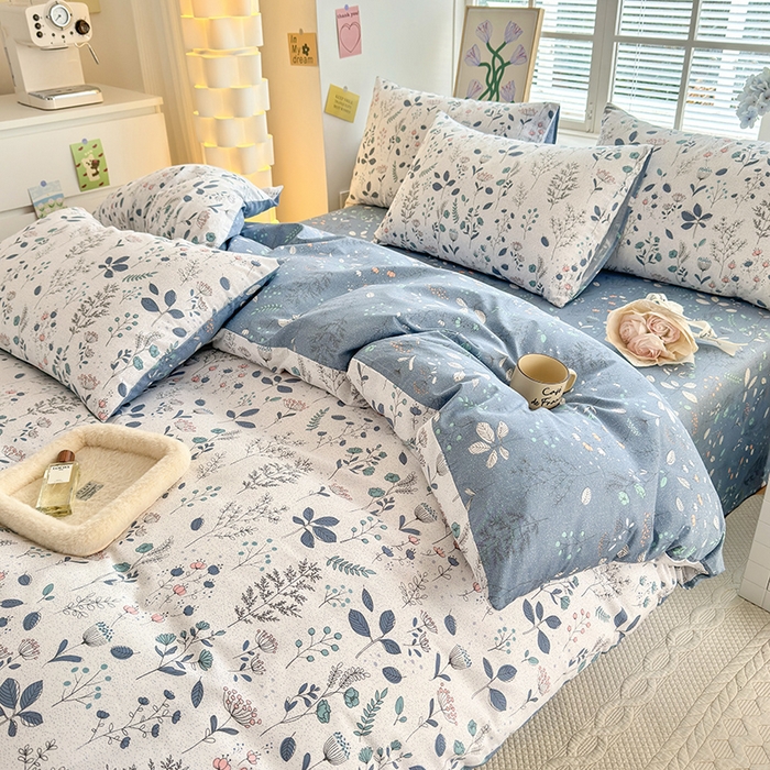 91家纺网 家纺一手货源 找家纺 沐棉家居 2024新款小清新全棉13372印花四件套 叶落知秋