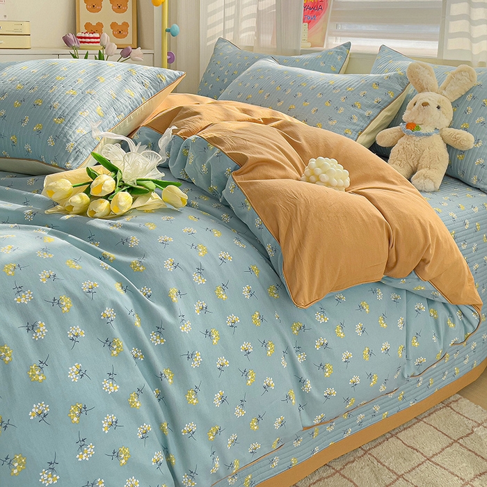 91家纺网 家纺一手货源 找家纺 羽爱家纺 2024新款全棉水洗棉花芯床盖套件 幸运草