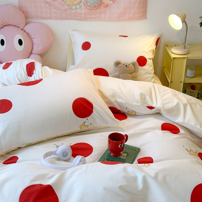 91家纺网 家纺一手货源 找家纺 昔可家纺 2024开春新款全棉印花四件套 红圈圈皇冠