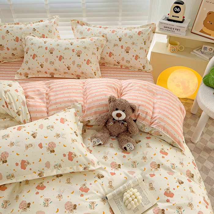 91家纺网 家纺一手货源 找家纺 楠沐家纺 2025新款亲肤柔软水洗棉磨毛印花四件套 彩虹猴