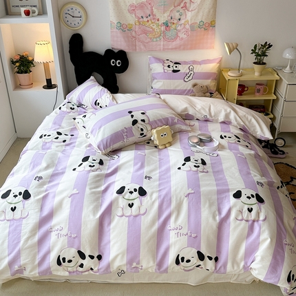 昔可家纺 2024开春新款全棉印花四件套 紫条小奶狗