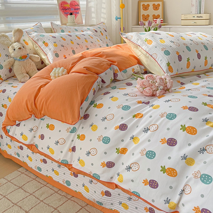 91家纺网 家纺一手货源 找家纺 羽爱家纺 2024新款全棉水洗棉花芯床盖套件 小菠萝