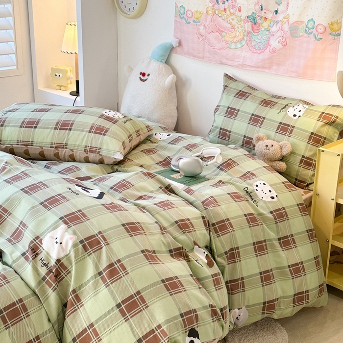 91家纺网 家纺一手货源 找家纺 昔可家纺 2024开春新款全棉印花四件套 格子小修狗