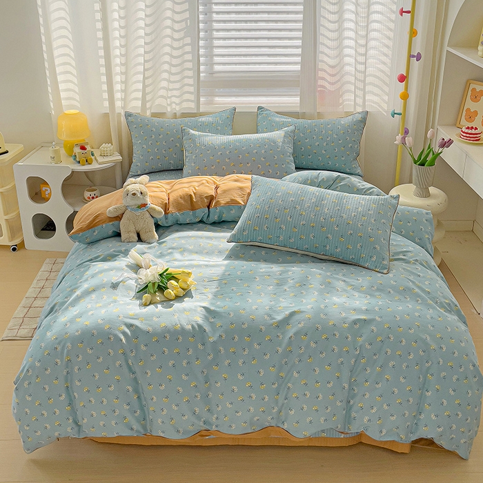 91家纺网 家纺一手货源 找家纺 羽爱家纺 2024新款全棉水洗棉花芯床盖套件 幸运草