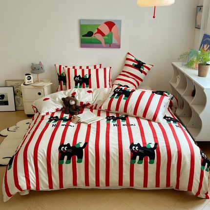 91家纺网 家纺一手货源 找家纺 桃喜 2024新款40支13372全棉卡通系列四件套 条纹小猫