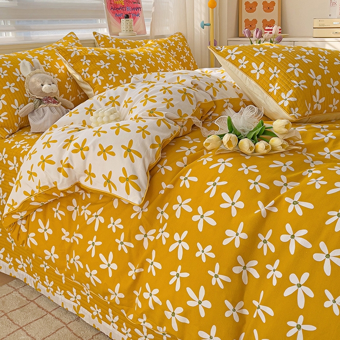 91家纺网 家纺一手货源 找家纺 羽爱家纺 2024新款全棉水洗棉花芯床盖套件 向阳花