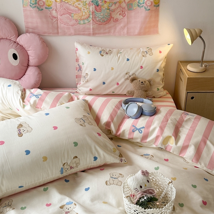 91家纺网 家纺一手货源 找家纺 昔可家纺 2024开春新款全棉印花四件套 彩心修狗