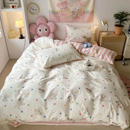 昔可家纺 2024开春新款全棉印花四件套 彩心修狗