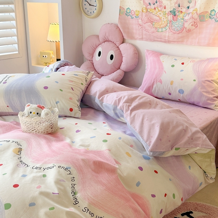 91家纺网 家纺一手货源 找家纺 昔可家纺 2024开春新款全棉印花四件套 波浪彩色点点