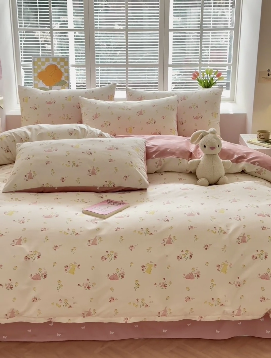 91家纺网 家纺一手货源 找家纺 沐棉家居 2024新款小清新全棉13372印花四件套 粉花小兔