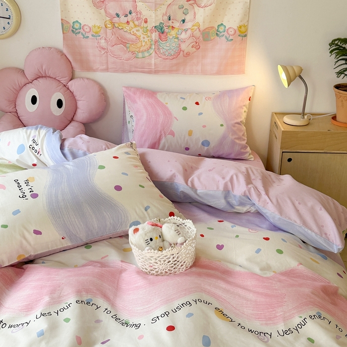 91家纺网 家纺一手货源 找家纺 昔可家纺 2024开春新款全棉印花四件套 波浪彩色点点