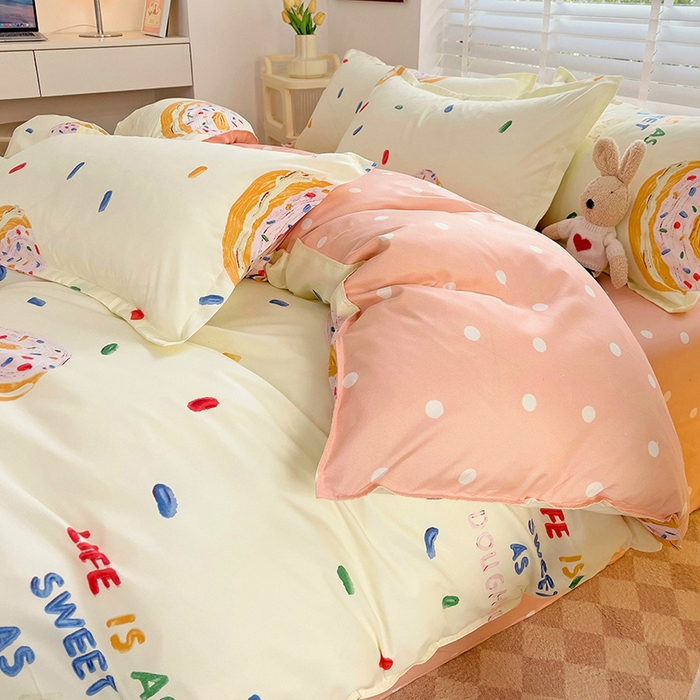 91家纺网 家纺一手货源 找家纺 楠沐家纺 2025新款亲肤柔软水洗棉磨毛印花四件套 甜甜圈