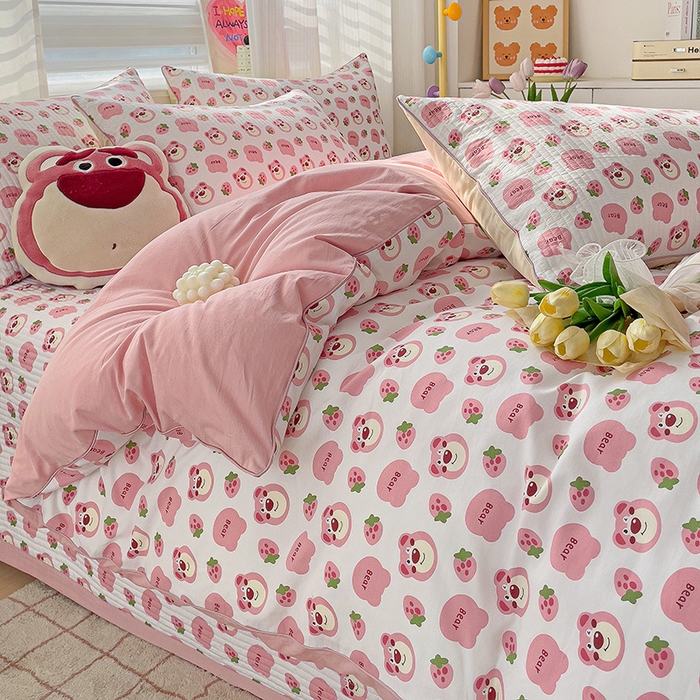 91家纺网 家纺一手货源 找家纺 羽爱家纺 2024新款全棉水洗棉花芯床盖套件 可可熊