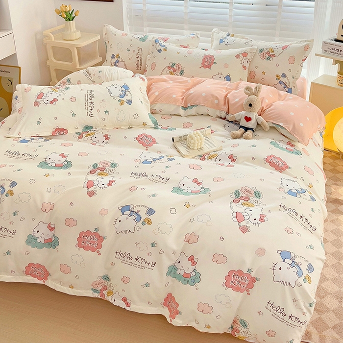 91家纺网 家纺一手货源 找家纺 楠沐家纺 2025新款亲肤柔软水洗棉磨毛印花四件套 KT粉蓝喵喵