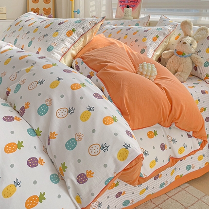 羽爱家纺 2024新款全棉水洗棉花芯床盖套件 小菠萝