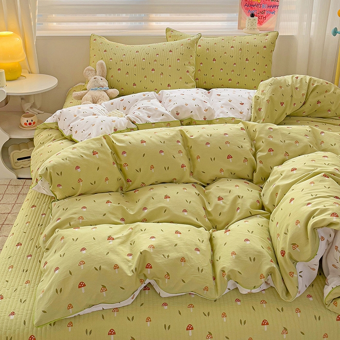 91家纺网 家纺一手货源 找家纺 羽爱家纺 2024新款全棉水洗棉花芯床盖套件 蘑菇屋