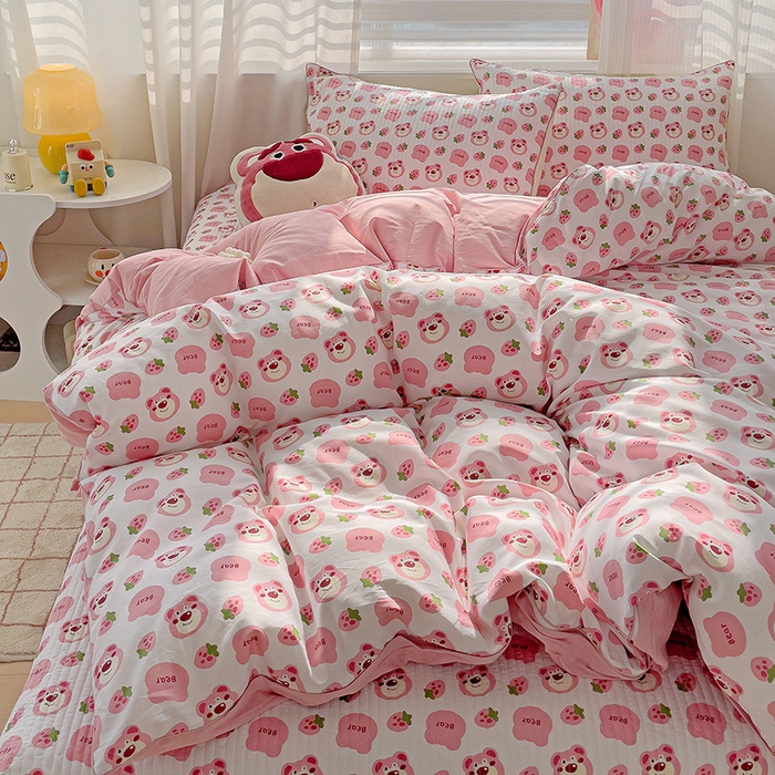 91家纺网 家纺一手货源 找家纺 羽爱家纺 2024新款全棉水洗棉花芯床盖套件 可可熊