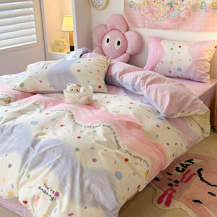 91家纺网 家纺一手货源 找家纺 昔可家纺 2024开春新款全棉印花四件套 波浪彩色点点