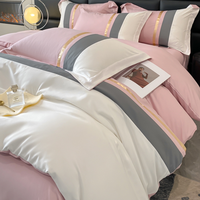 91家纺网 家纺一手货源 找家纺 苏源家居 2024新款亲肤棉纯色双拼轻奢北欧四件套-典雅系列 典雅-冰莓粉