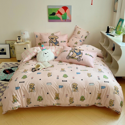 桃喜 2024新款全棉卡通数码印花混搭系列四件套 滑板车小狗粉