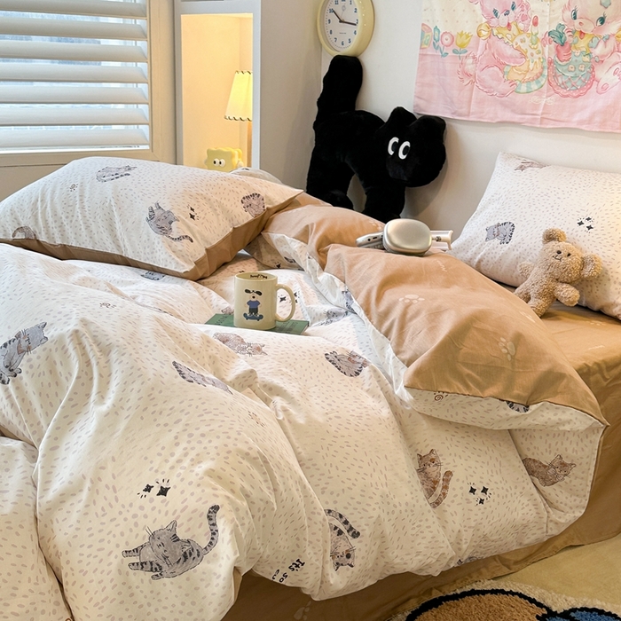 91家纺网 家纺一手货源 找家纺 昔可家纺 2024开春新款全棉印花四件套 点点小猫咪