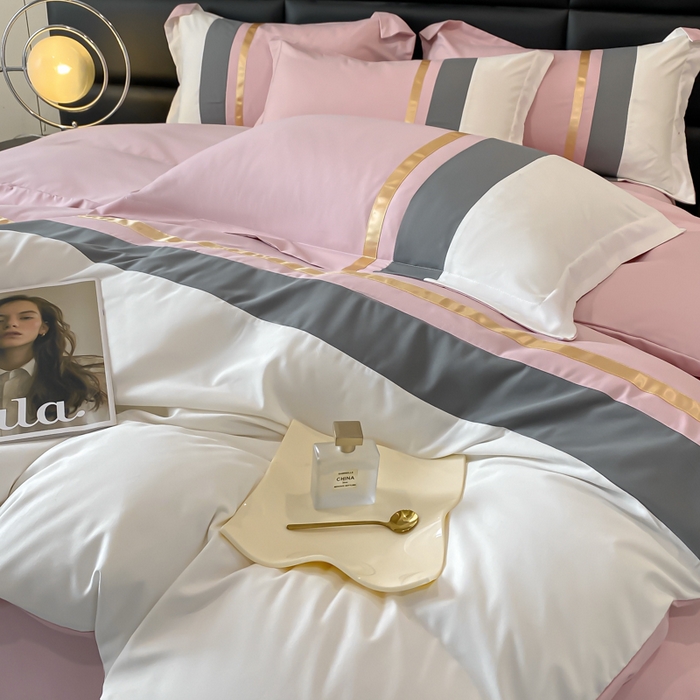 91家纺网 家纺一手货源 找家纺 苏源家居 2024新款亲肤棉纯色双拼轻奢北欧四件套-典雅系列 典雅-冰莓粉