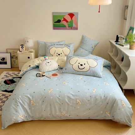 91家纺网 家纺一手货源 找家纺 桃喜 2024新款全棉卡通数码印花混搭系列四件套 星愿小狗