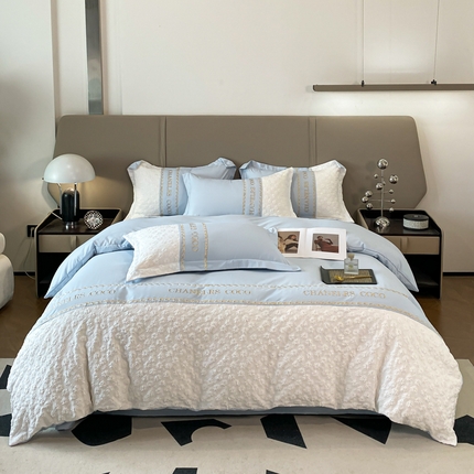 苏源家居 2024新款亲肤棉拼接立体浮雕碎花公主风四件套-卡琳娜系列 卡琳娜-天空蓝