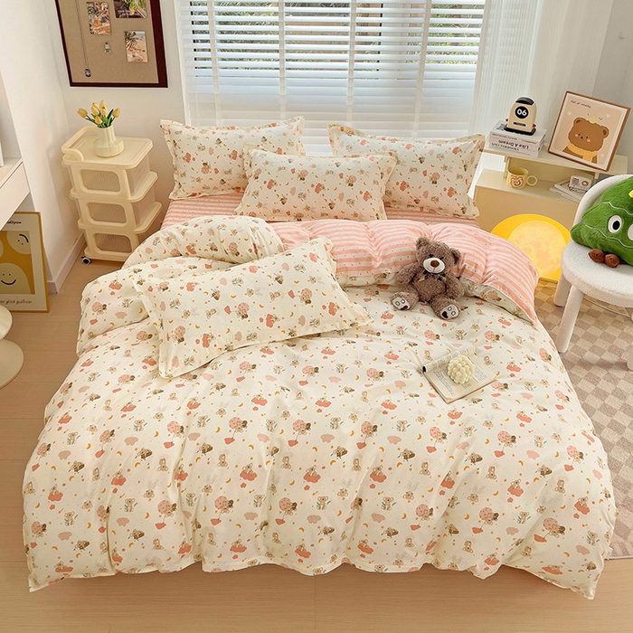 91家纺网 家纺一手货源 找家纺 楠沐家纺 2025新款亲肤柔软水洗棉磨毛印花四件套 彩虹猴