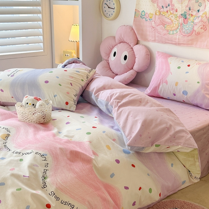 91家纺网 家纺一手货源 找家纺 昔可家纺 2024开春新款全棉印花四件套 波浪彩色点点