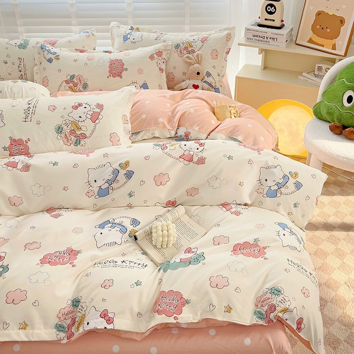 91家纺网 家纺一手货源 找家纺 楠沐家纺 2025新款亲肤柔软水洗棉磨毛印花四件套 KT粉蓝喵喵