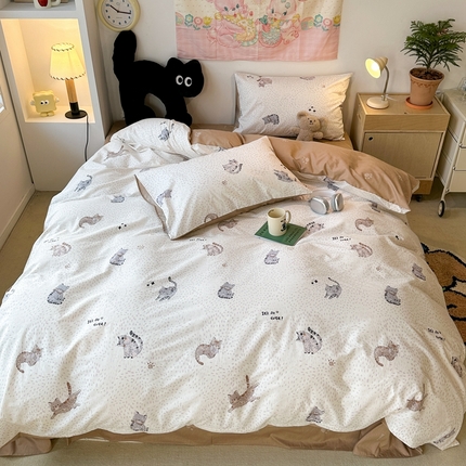 昔可家纺 2024开春新款全棉印花四件套 点点小猫咪