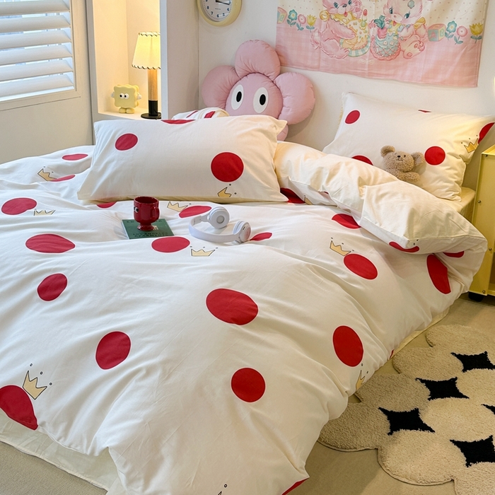 91家纺网 家纺一手货源 找家纺 昔可家纺 2024开春新款全棉印花四件套 红圈圈皇冠