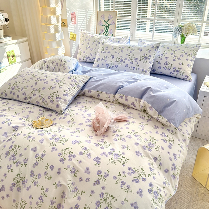 91家纺网 家纺一手货源 找家纺 沐棉家居 2024新款小清新全棉13372印花四件套 紫藤花