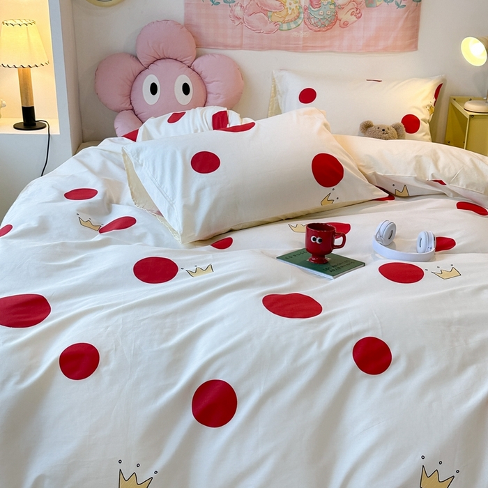 91家纺网 家纺一手货源 找家纺 昔可家纺 2024开春新款全棉印花四件套 红圈圈皇冠