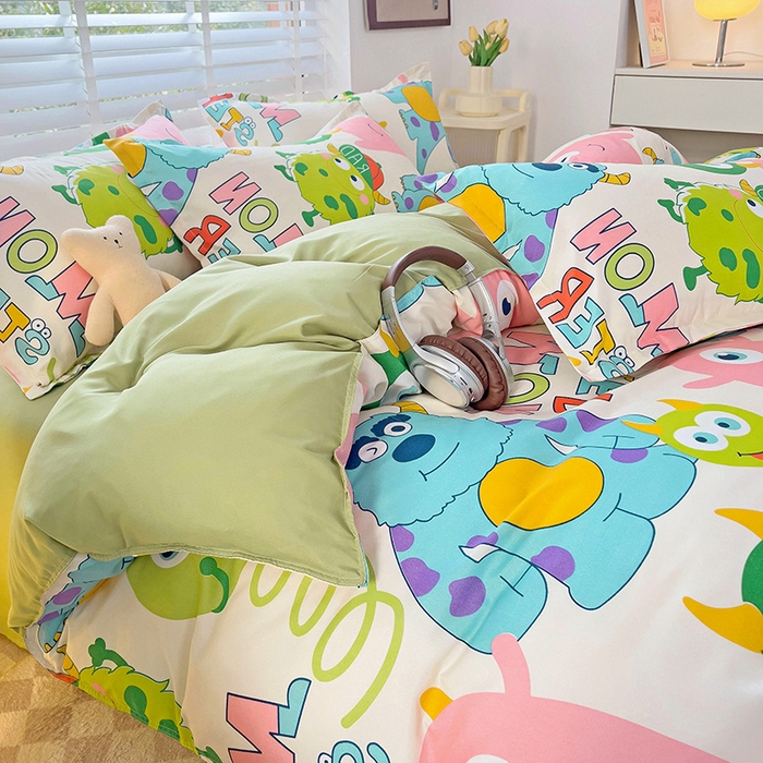 91家纺网 家纺一手货源 找家纺 楠沐家纺 2025新款亲肤柔软水洗棉磨毛印花四件套 怪兽大学