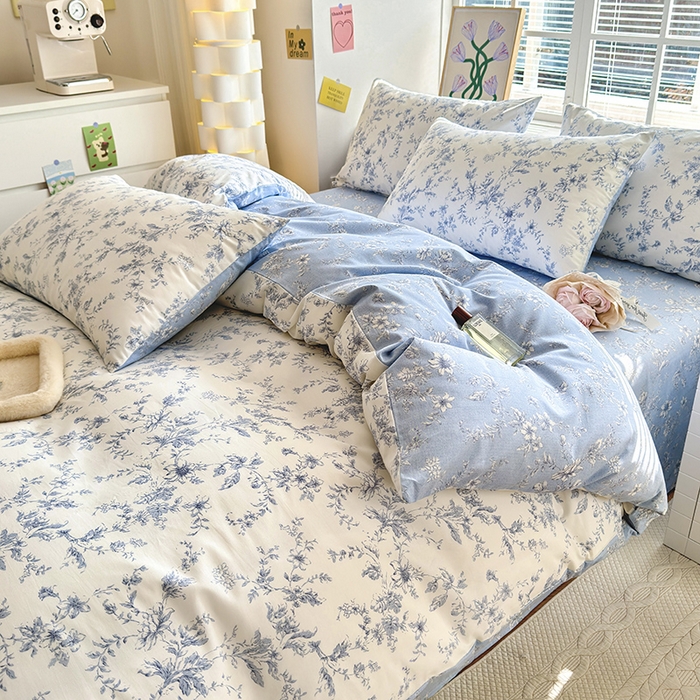 91家纺网 家纺一手货源 找家纺 沐棉家居 2024新款小清新全棉13372印花四件套 浅影