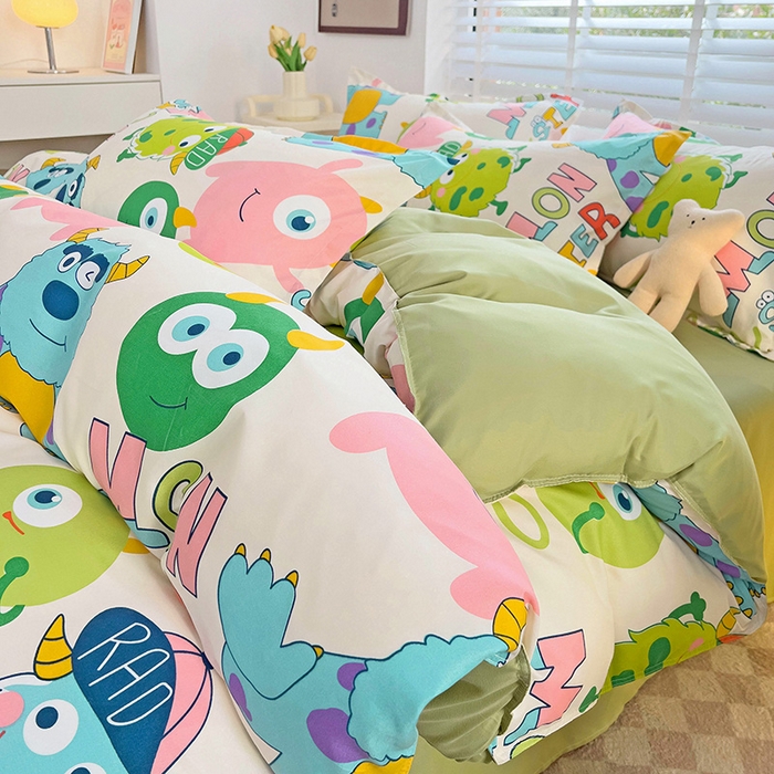 91家纺网 家纺一手货源 找家纺 楠沐家纺 2025新款亲肤柔软水洗棉磨毛印花四件套 怪兽大学