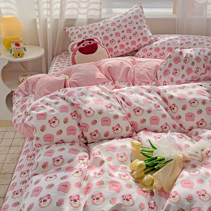 91家纺网 家纺一手货源 找家纺 羽爱家纺 2024新款全棉水洗棉花芯床盖套件 可可熊