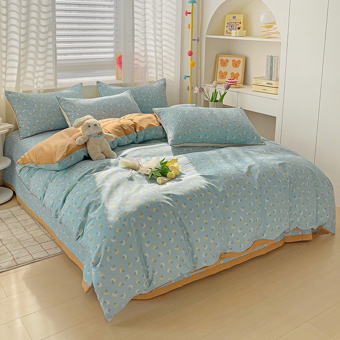 91家纺网 家纺一手货源 找家纺 羽爱家纺 2024新款全棉水洗棉花芯床盖套件 幸运草