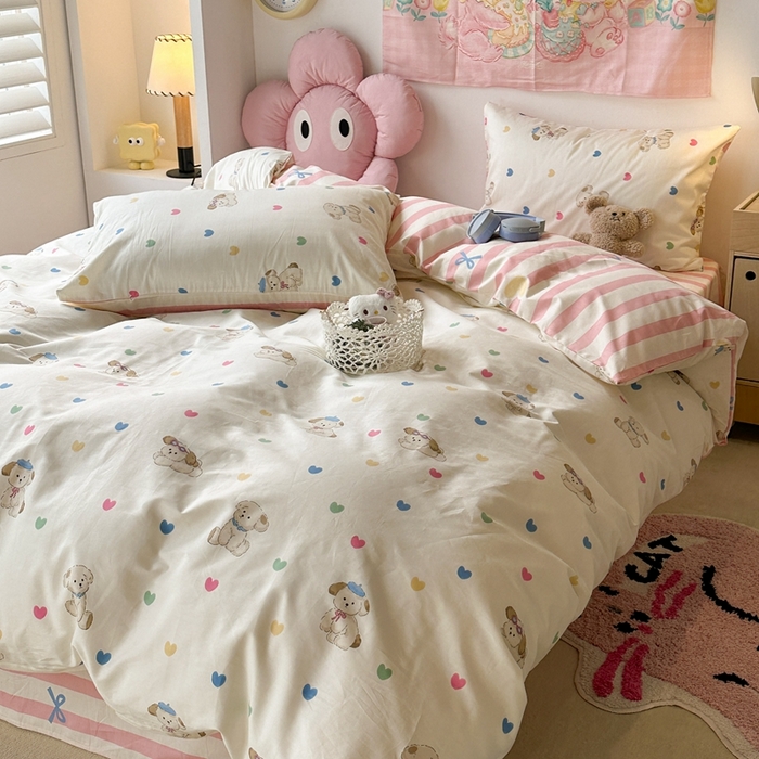 91家纺网 家纺一手货源 找家纺 昔可家纺 2024开春新款全棉印花四件套 彩心修狗