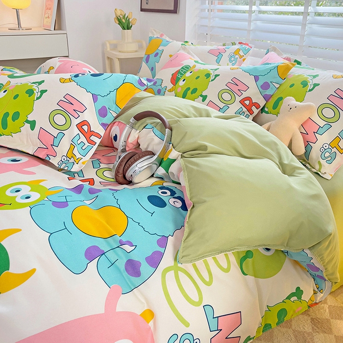 91家纺网 家纺一手货源 找家纺 楠沐家纺 2025新款亲肤柔软水洗棉磨毛印花四件套 怪兽大学