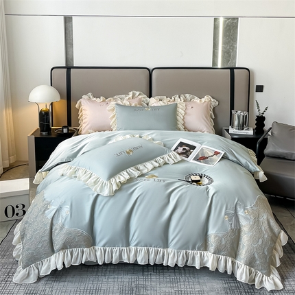 91家纺网 家纺一手货源 找家纺 栩裕纺织 2025新款轻奢法式花边绣花四件套 山茶玫瑰